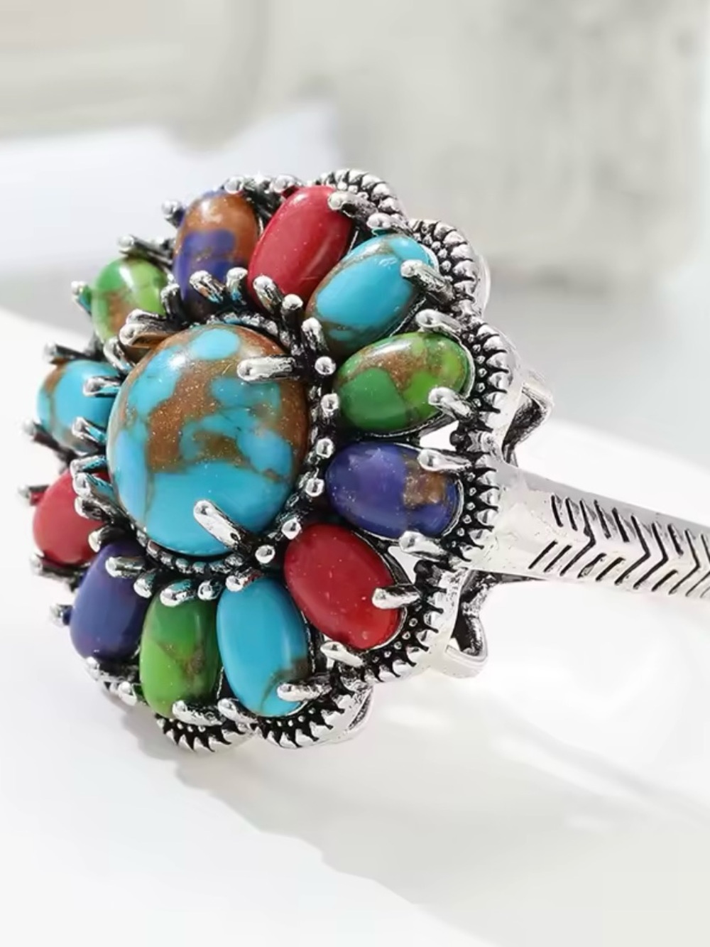 Multi-Stone Turquoise Floral Cluster Ring - Native American Style Ring